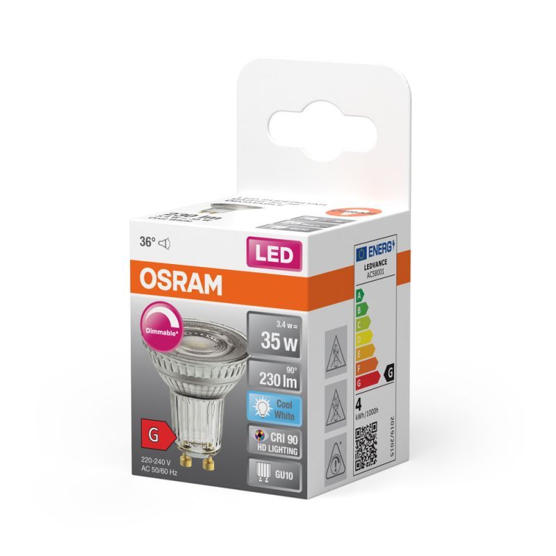 Osram Superstar LED GU10 Spot klar 3.4W 230lm - 940 kald hvit | dimbar 